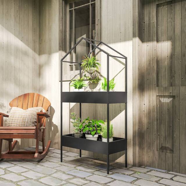 OUTSUNNY 2 Tier Plant Stand, Outdoor Indoor Metal Plant Stand with Hook in Black - image 1
