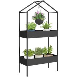 OUTSUNNY 2 Tier Plant Stand, Outdoor Indoor Metal Plant Stand with Hook in Black - thumbnail 2