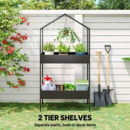 OUTSUNNY 2 Tier Plant Stand, Outdoor Indoor Metal Plant Stand with Hook in Black - thumbnail 6