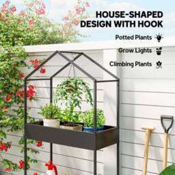OUTSUNNY 2 Tier Plant Stand, Outdoor Indoor Metal Plant Stand with Hook in Black - thumbnail 4