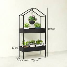 OUTSUNNY 2 Tier Plant Stand, Outdoor Indoor Metal Plant Stand with Hook in Black - thumbnail 3