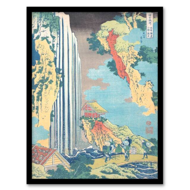 Artery8 Katsushika Hokusai Framed Wall Art Ono Waterfall On The Kisokaido in Orange - Size: A4 - image 1