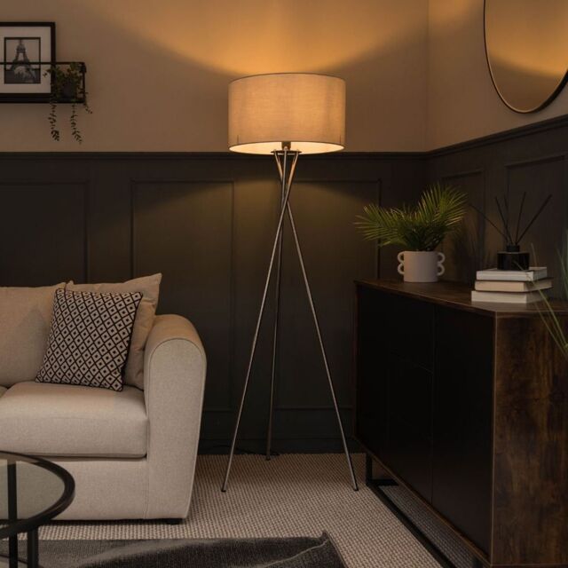 ValueLights Camden Polished Chrome Tripod Floor Lamp with Drum Lamp Shade & Bulb in Grey - image 1