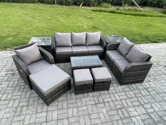 Fimous Outdoor Garden Furniture Sets 9 Pieces Wicker Rattan Furniture Sofa Sets w/ Rectangular Coffee Table Loveseat Sofa 3 Footstools 2 Side Tables - image 1