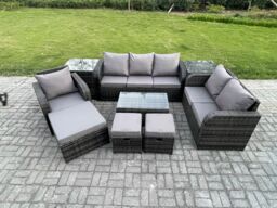 Fimous Outdoor Garden Furniture Sets 9 Pieces Wicker Rattan Furniture Sofa Sets w/ Rectangular Coffee Table Loveseat Sofa 3 Footstools 2 Side Tables - thumbnail 2