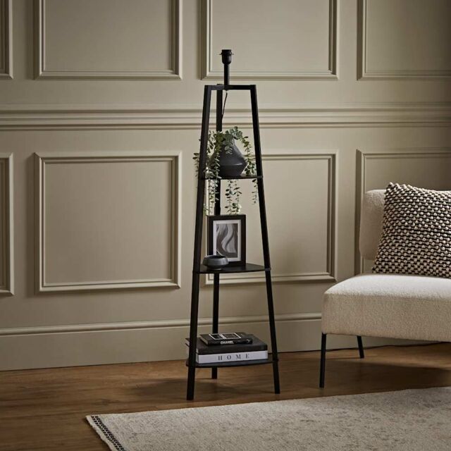 ValueLights Hiru 3 Tier Wooden Tripod Shelf Corner Floor Lamp Base in Black - image 1