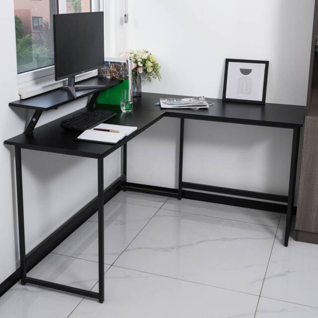 Abrihome L Office Computer Desk with Self Corner Table Top, Industrial Rustic in Black - Size: 1 Pack - image 1