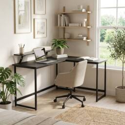 Abrihome L Office Computer Desk with Self Corner Table Top, Industrial Rustic in Black - Size: 1 Pack - thumbnail 7
