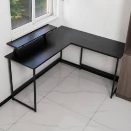 Abrihome L Office Computer Desk with Self Corner Table Top, Industrial Rustic in Black - Size: 1 Pack - thumbnail 6