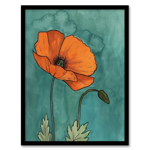 "Artery8 Poppy Flower Bloom Teal Orange Floral Watercolour Framed Wall Art in Blue - Size: W12"" x H16""" - image 1