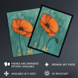 "Artery8 Poppy Flower Bloom Teal Orange Floral Watercolour Framed Wall Art in Blue - Size: W12"" x H16""" - thumbnail 2