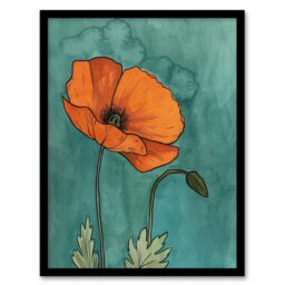 "Artery8 Poppy Flower Bloom Teal Orange Floral Watercolour Framed Wall Art in Blue - Size: W12"" x H16""" - thumbnail 1