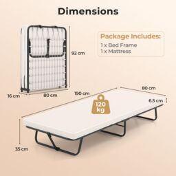 Costway 190 x 80 cm Folding Bed Portable Guest Bed with Mattress in Beige - thumbnail 7
