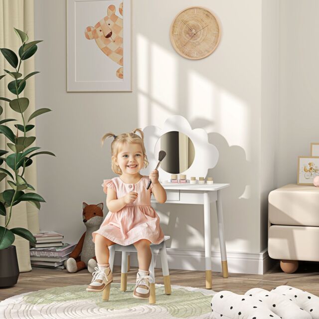 AIYAPLAY Kids Dressing Table with Mirror & Stool, Drawer, Cloud Design in White - image 1