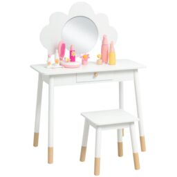 AIYAPLAY Kids Dressing Table with Mirror & Stool, Drawer, Cloud Design in White - thumbnail 2