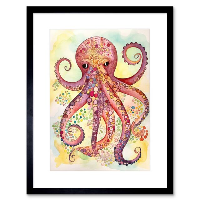 "Artery8 Wall Art Print Octopus Portrait Bright Folk Art Watercolour Painting Artwork Framed 9X7 Inch in Black - Size: W7"" x H9""" - image 1