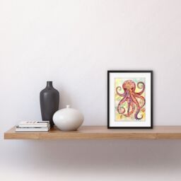 "Artery8 Wall Art Print Octopus Portrait Bright Folk Art Watercolour Painting Artwork Framed 9X7 Inch in Black - Size: W7"" x H9""" - thumbnail 2