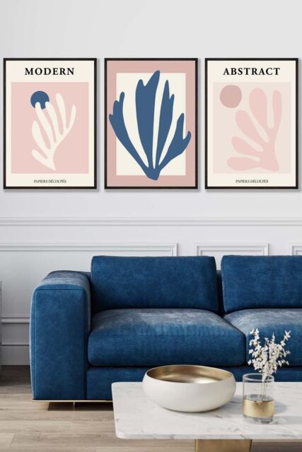 ARTZE Set of 3 Black Framed Matisse Style Floral Cut Out Navy & Pink Wall Art in Dusty Pink - Size: W33 cm x H45 cm x D20mm - image 1