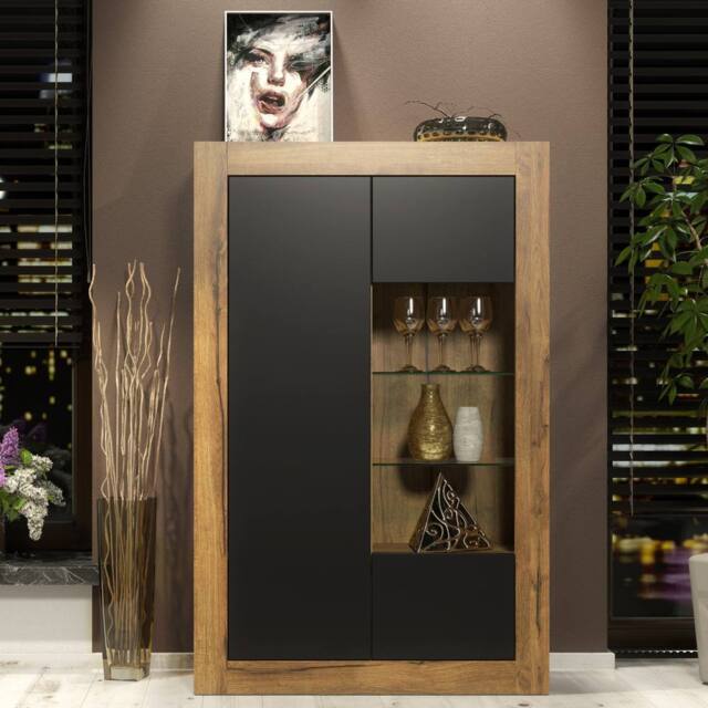 Creative Furniture Arcadia Display Cabinet 140cm - Dark Oak with Black Matt Doors in Dark Brown - image 1