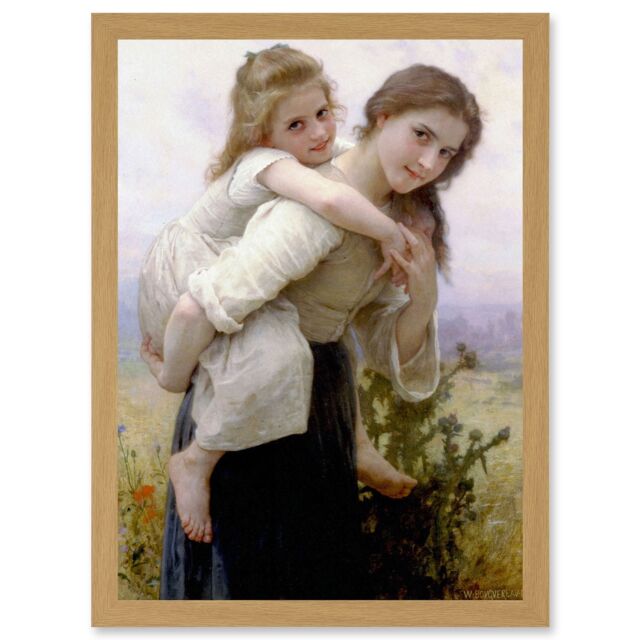 Artery8 Painting Bouguereau Pleasant Burden Old Master Artwork Framed Wall Art Print A4 in Light Oak - image 1