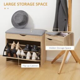 HOMCOM Upholstered Shoe Storage Bench with Flip-up Cabinet, Hidden Space in Natural - thumbnail 4