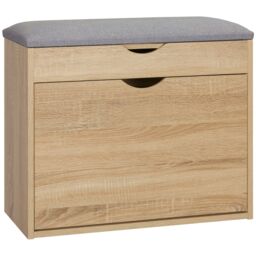 HOMCOM Upholstered Shoe Storage Bench with Flip-up Cabinet, Hidden Space in Natural - thumbnail 2