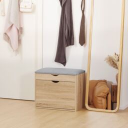 HOMCOM Upholstered Shoe Storage Bench with Flip-up Cabinet, Hidden Space in Natural