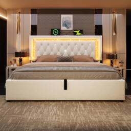 Matteo Velvet Upholstered 6ft Super King Bed - LED, USB, Storage, Beige - thumbnail 8