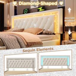 Matteo Velvet Upholstered 6ft Super King Bed - LED, USB, Storage, Beige - thumbnail 3