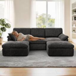 Gartistgo 5-Seater Modular Corner Sofa Soft Velvet Fabric No Assembly in Dark Grey - thumbnail 5