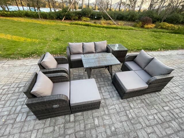 Fimous Outdoor Rattan Garden Furniture Set 9 Seater Patio Lounge Sofa Set with Dining Table 2 Big Footstool Side Table in Dark Grey - image 1