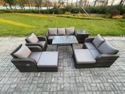 Fimous Outdoor Rattan Garden Furniture Set 9 Seater Patio Lounge Sofa Set with Dining Table 2 Big Footstool Side Table in Dark Grey - thumbnail 2
