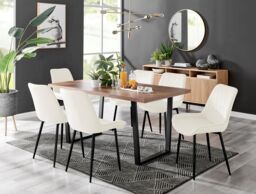 FurnitureboxUK Kylo Large Brown Wood Effect Dining Table & 6 Pesaro Velvet Black Leg Chairs in Cream