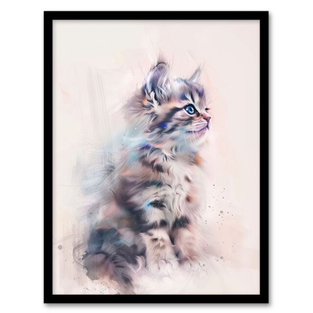 Artery8 Cat Lover Cute Fluffy Ragdoll Kitten Watercolour Framed Art Print in Grey - Size: A4 - image 1