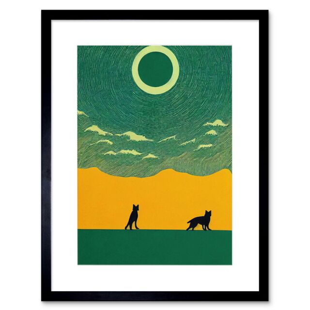 "Artery8 Wall Art Print Abstract Wolves Minimalist Surreal Sky Green Yellow Artwork Framed 9X7 Inch in Black - Size: W7"" x H9""" - image 1