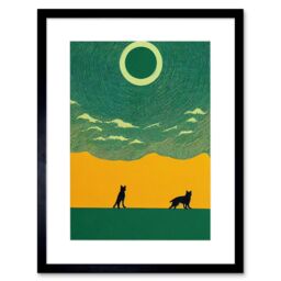 "Artery8 Wall Art Print Abstract Wolves Minimalist Surreal Sky Green Yellow Artwork Framed 9X7 Inch in Black - Size: W7"" x H9""" - thumbnail 1