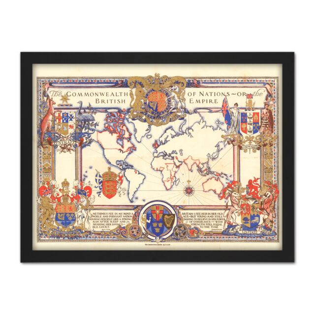 "Artery8 Wall Art Print Map Webb 1937 British Empire Commonwealth Pictorial Large Framed Wall Décor Art in Brown - Size: W18"" x H24""" - image 1