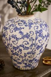 Dibor Vintage Solene Small Blue Botanical Round Flower Vase H23 x Dia19cm in Cream