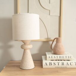 ValueLights Cady Pair of Stone Effect Natural Table Lamp with Drum Shade in Cream - thumbnail 3