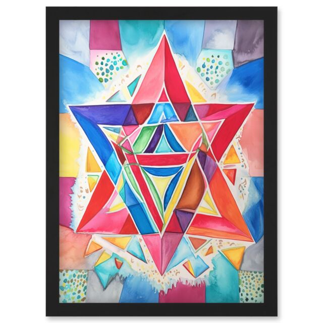 Artery8 Jewish Star Of David Bright Multicoloured Folk Art Watercolour Painting Artwork Framed Wall Art Print A4 in Black - image 1
