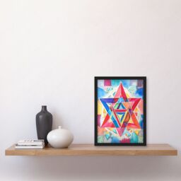 Artery8 Jewish Star Of David Bright Multicoloured Folk Art Watercolour Painting Artwork Framed Wall Art Print A4 in Black - thumbnail 2