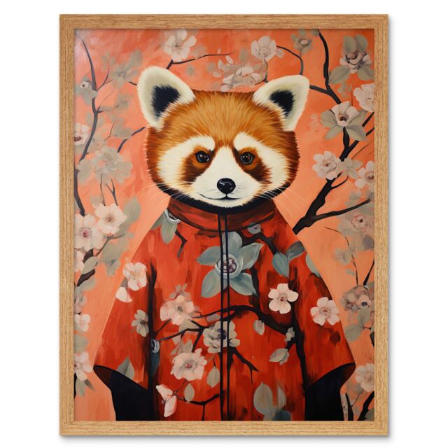 "Artery8 Wall Art Print Red Panda in Kimono Cherry Blossom Trees Japan Art Framed in Light Oak - Size: W12"" x H16""" - image 1