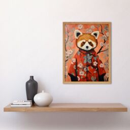 "Artery8 Wall Art Print Red Panda in Kimono Cherry Blossom Trees Japan Art Framed in Light Oak - Size: W12"" x H16""" - thumbnail 2