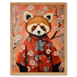 "Artery8 Wall Art Print Red Panda in Kimono Cherry Blossom Trees Japan Art Framed in Light Oak - Size: W12"" x H16""" - thumbnail 1