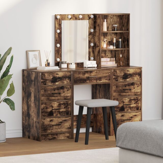 Berkfield Home 3-Piece Dressing Table Set with LED in Smoked Oak Engineered Wood in Brown - image 1