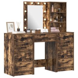 Berkfield Home 3-Piece Dressing Table Set with LED in Smoked Oak Engineered Wood in Brown - thumbnail 3