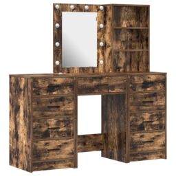 Berkfield Home 3-Piece Dressing Table Set with LED in Smoked Oak Engineered Wood in Brown - thumbnail 2