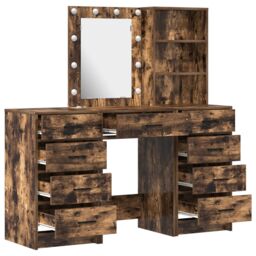 Berkfield Home 3-Piece Dressing Table Set with LED in Smoked Oak Engineered Wood in Brown - thumbnail 7