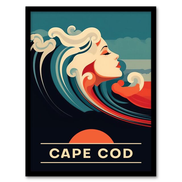 Artery8 Wall Art Print The Seaside Calls Cape Cod Beach Massachusetts USA Sunset Woman of the Waves Sea Siren Ocean Art Framed in Blue - Size: A4 - image 1