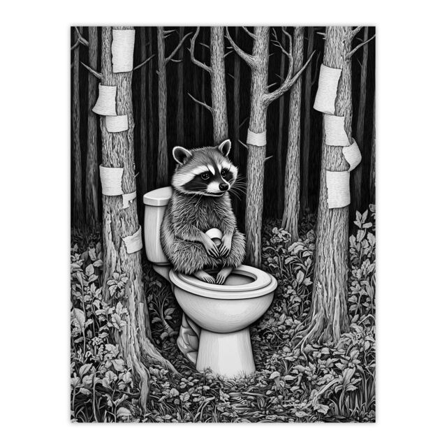 "Artery8 Raccoon on Toilet in Forest Black White Surreal Wall Art Print in Grey - Size: W12"" x H16""" - image 1